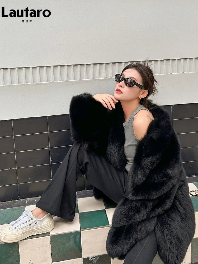 Autumn Winter Black Thick Warm Soft Hairy Shaggy Faux Fox Fur Coat Women Stand Collar Luxury Designer Fluffy Jacket 2024