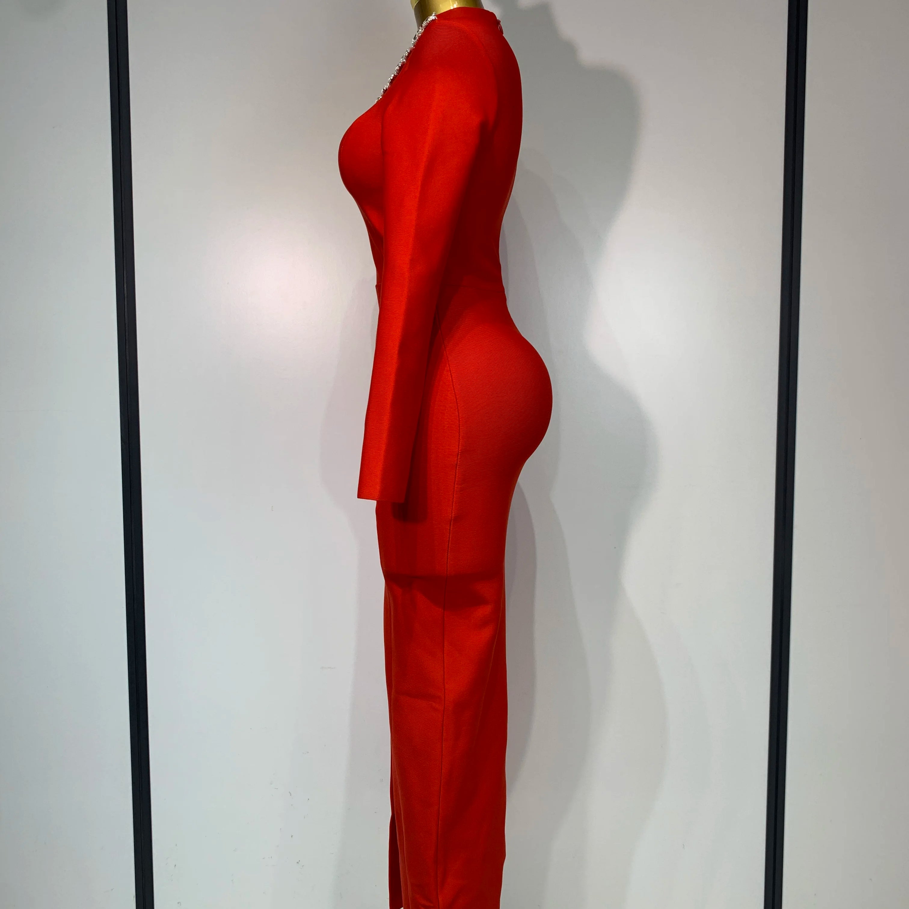Sparkly Rhinestone Long Sleeve Red Bodycon Bandage Dress Women Wedding Evening Club Party Prom Gowns Luxury Birthday Dresses