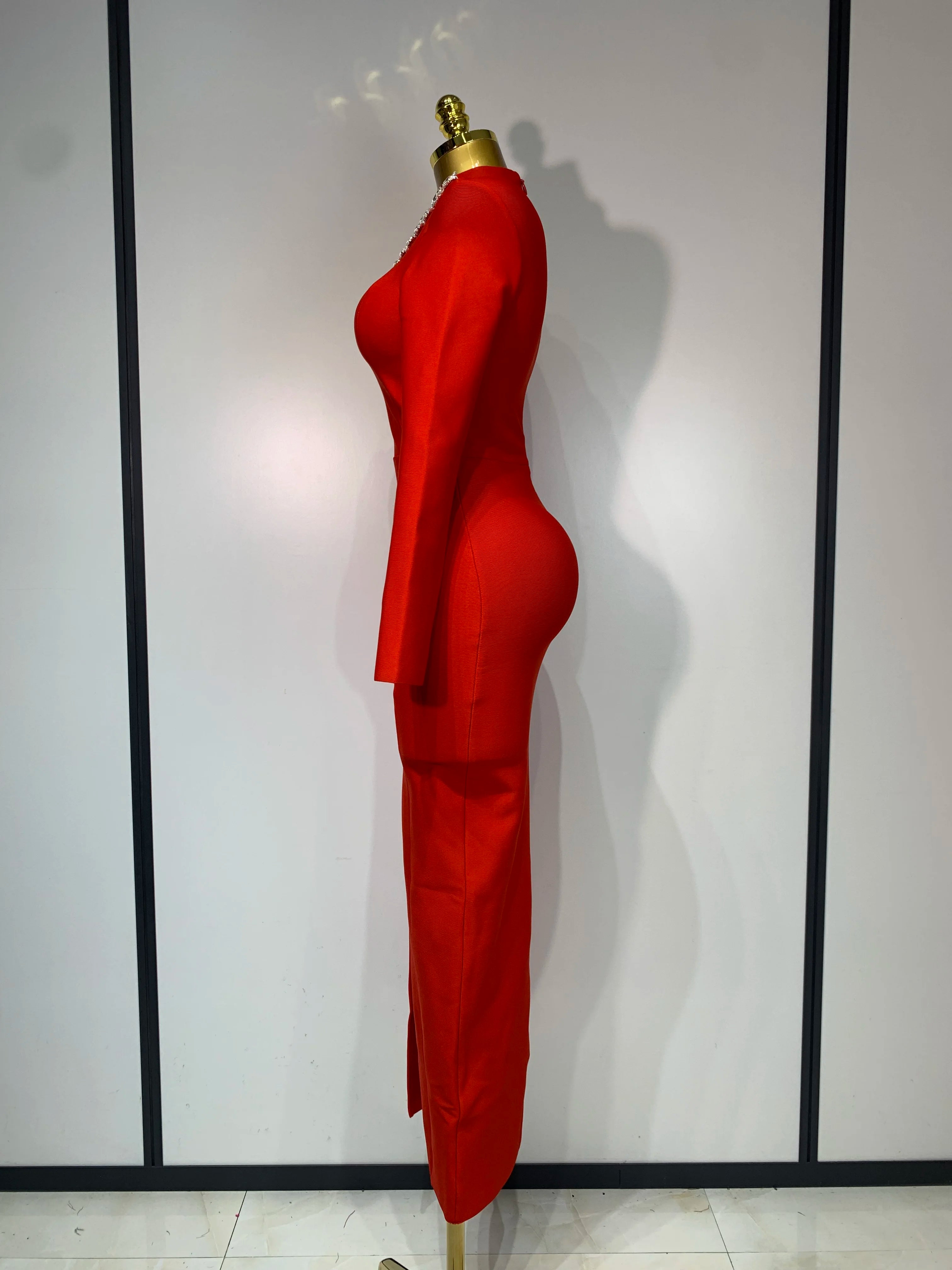 Sparkly Rhinestone Long Sleeve Red Bodycon Bandage Dress Women Wedding Evening Club Party Prom Gowns Luxury Birthday Dresses