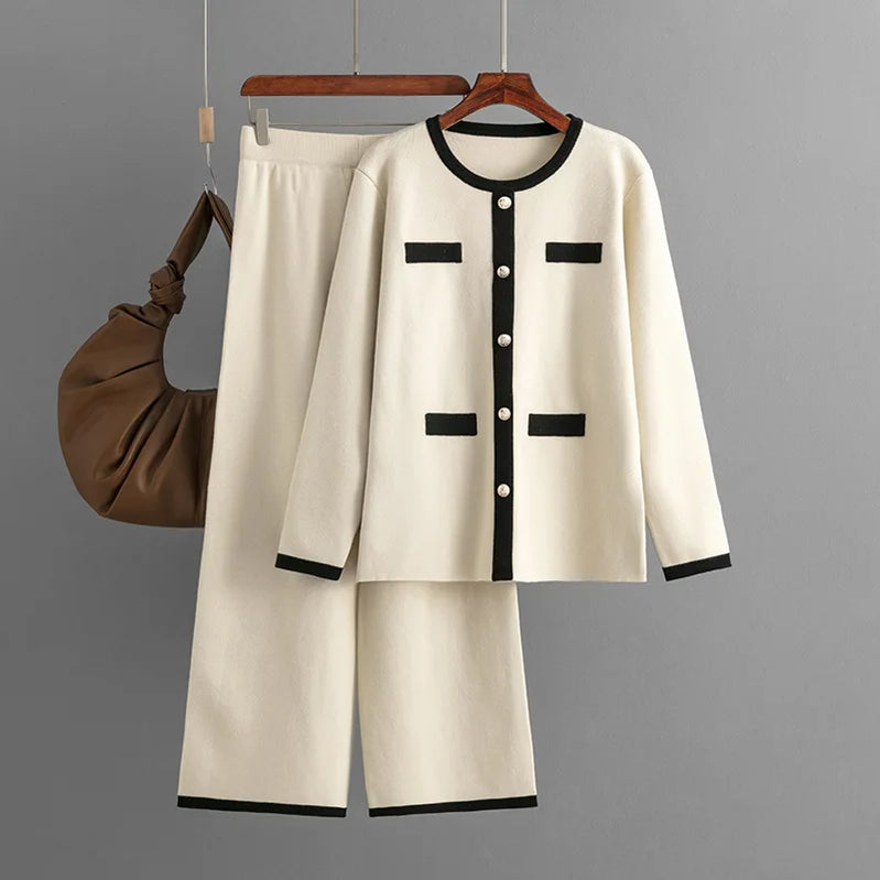 GIGOGOU Euro Designer Women Sweater Tracksuits Button Decorate Woman Sweaters + Wide Leg Pants Suits 2 / Two Pieces Sets Trouser Apricot One Size