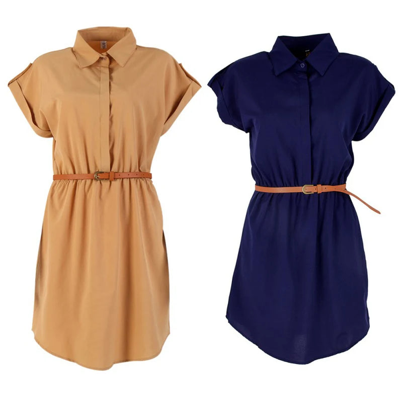 Women Dress A-Line Chiffon Casual Fashion Short Sleeve OL Dress With Belt Dresses