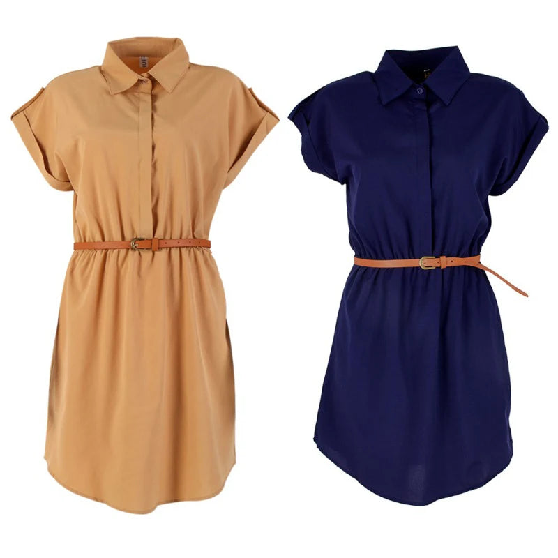 Women Dress A-Line Chiffon Casual Fashion Short Sleeve OL Dress With Belt Dresses