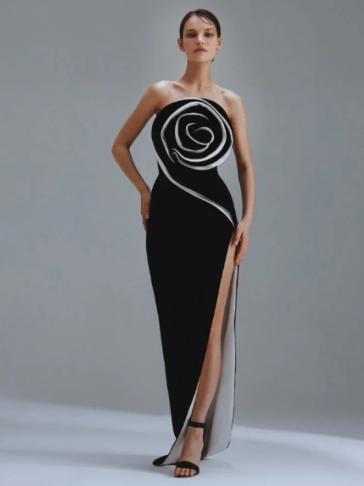 Vestido longo preto feminino, sexy, tomara que caia, com estampa floral grande, colado ao corpo, para comemoração de aniversário, festa de formatura