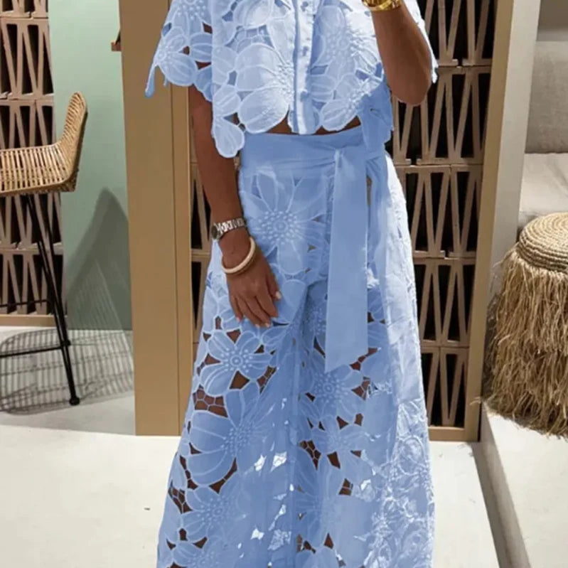 Sexy Lapel Single-breasted Shirt Top + Wide-leg Pants 2-piece Set Women Fashion Solid Color Elegant Casual Hollow Suit Female