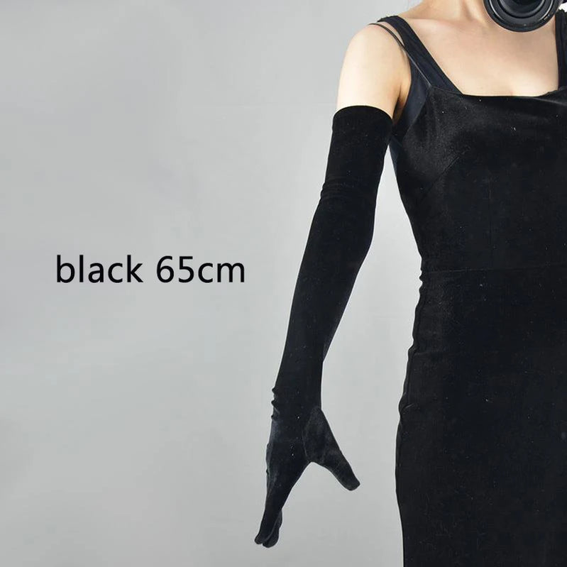 53CM Women Golden Velvet Long Autumn Winter Warm Black Evening Dress Etiquette Gloves Retro Style Banquet Accessories Elasticity black 65cm One Size