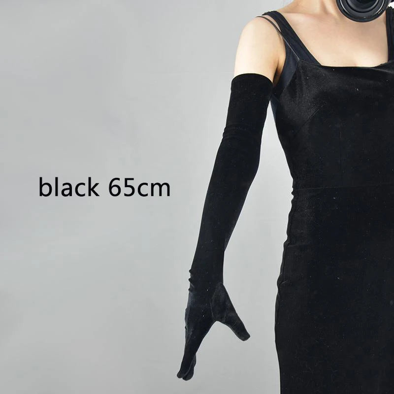 53CM Women Golden Velvet Long Autumn Winter Warm Black Evening Dress Etiquette Gloves Retro Style Banquet Accessories Elasticity black 65cm One Size