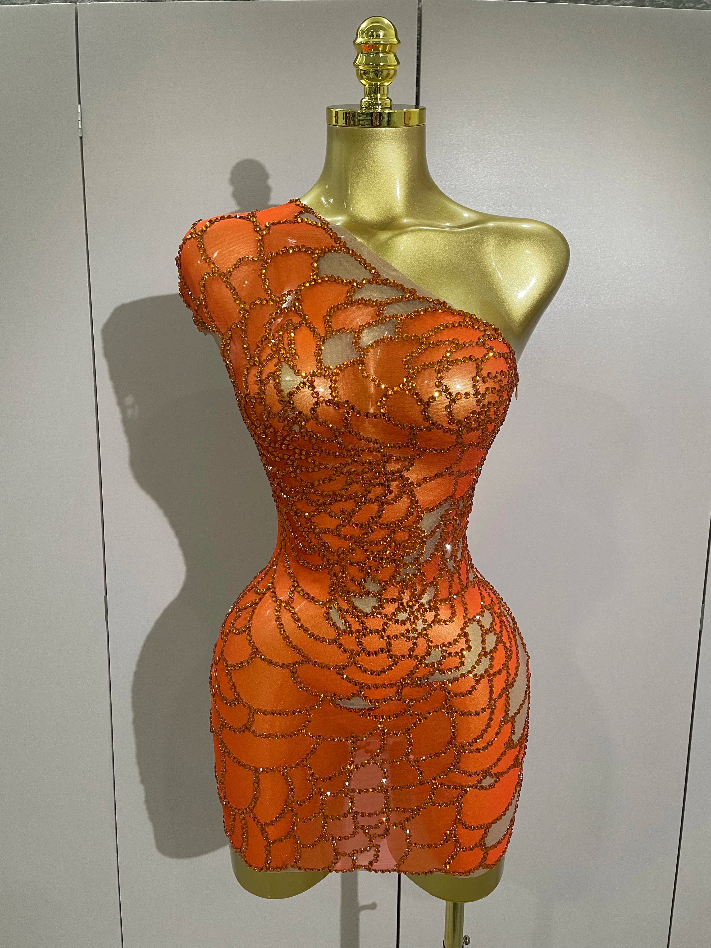 STOCK Women Shining Rhinestones Sexy One Shoulder Cultivation Dress Birthday Celebrate Party Evening Gown Singer Stage Costume