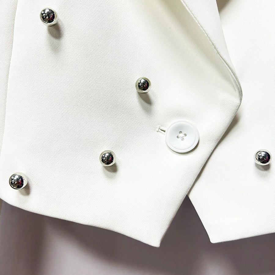 TWOTWINSTYLE Solid Slimming Spliced Bead Fashion Short Jackets for Women Lapel Long Sleeves Temperament Jacket Female Clothing