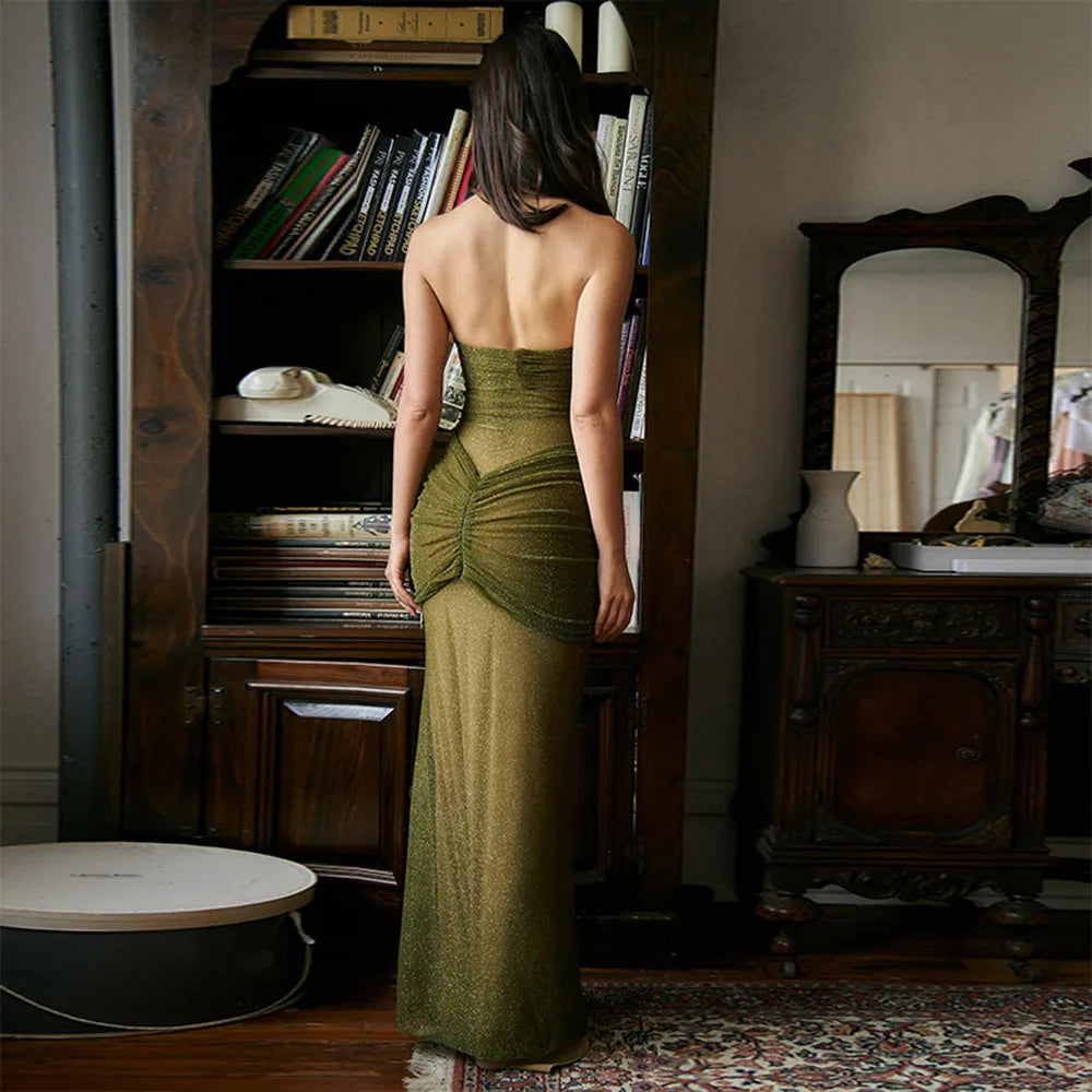 Robe moulante longue à paillettes, couleur chair, vert armée, sexy, sans bretelles, idéale pour une soirée en boîte de nuit ou un anniversaire