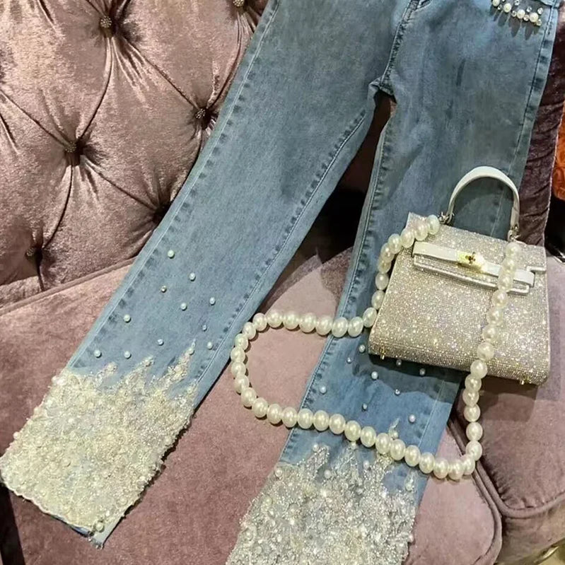 Pearl sequined jeans for women new high-waisted denim pants fashion