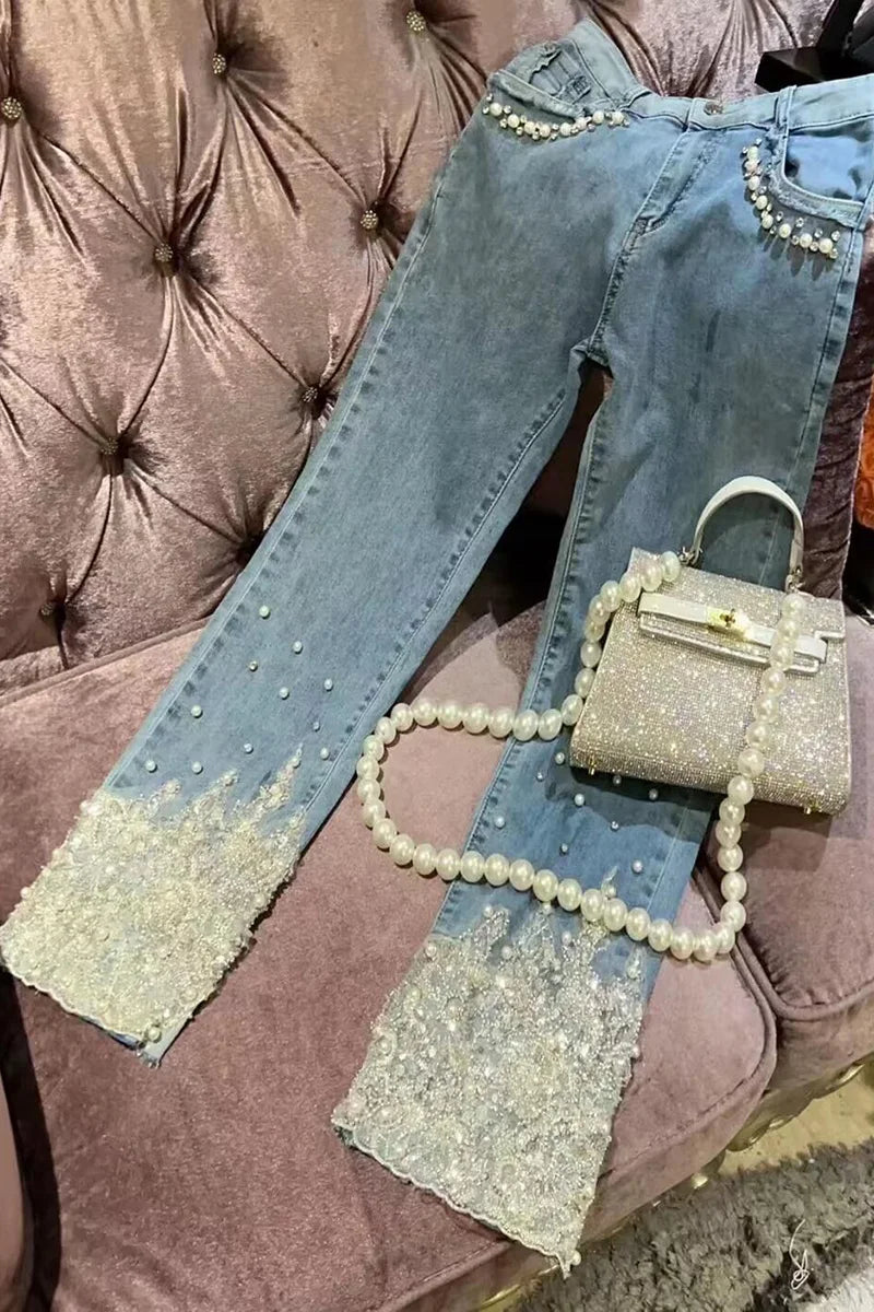 Pearl sequined jeans for women new high-waisted denim pants fashion