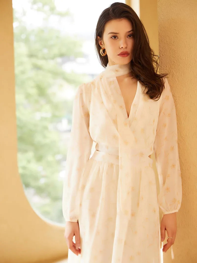 Polyester Daisy Floral White Dresses Women Elegant Long Sleeve Beach Dress V Neck Sexy Bandage Long Summer Dresses Women 2024