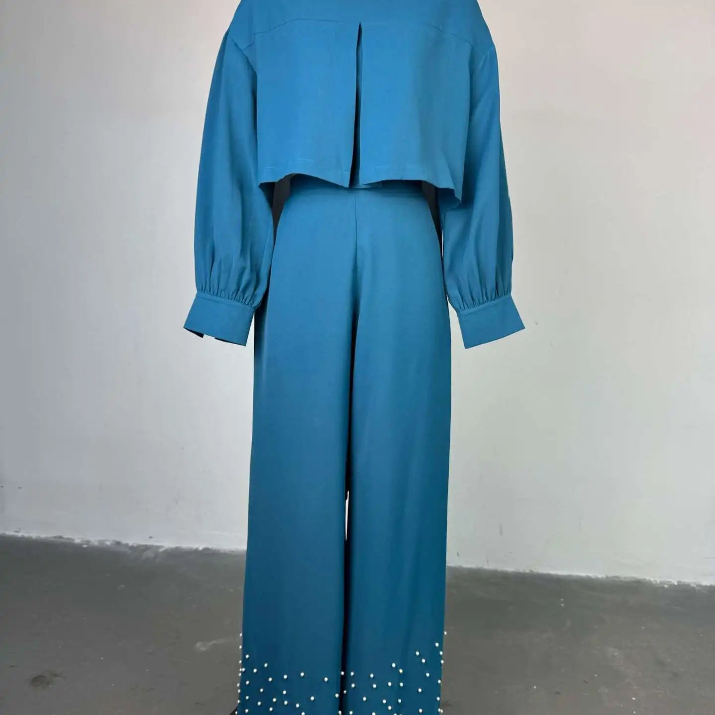 CM.YAYA Women's Set Long Sleeve High Low Maxi Blouse and Pearl Beading Wide Leg Pants 2025 Two 2 Piece Sets Outfits Tracksuit