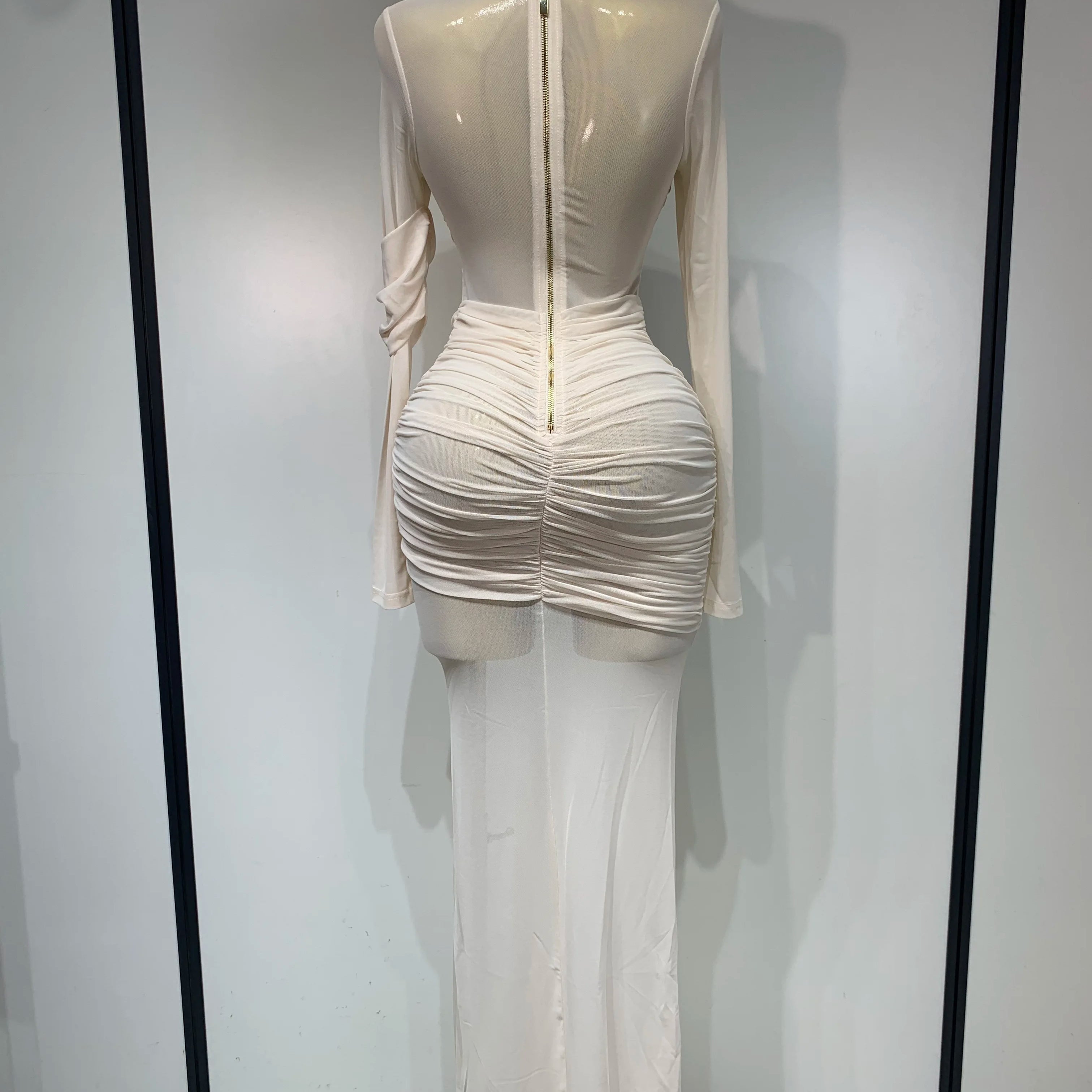 Elegant Mesh Fold Long Sleeve Bodycon Dress Women 2025 Evening Party Club Sexy Perspective Fashion Luxury Birthday Dresses