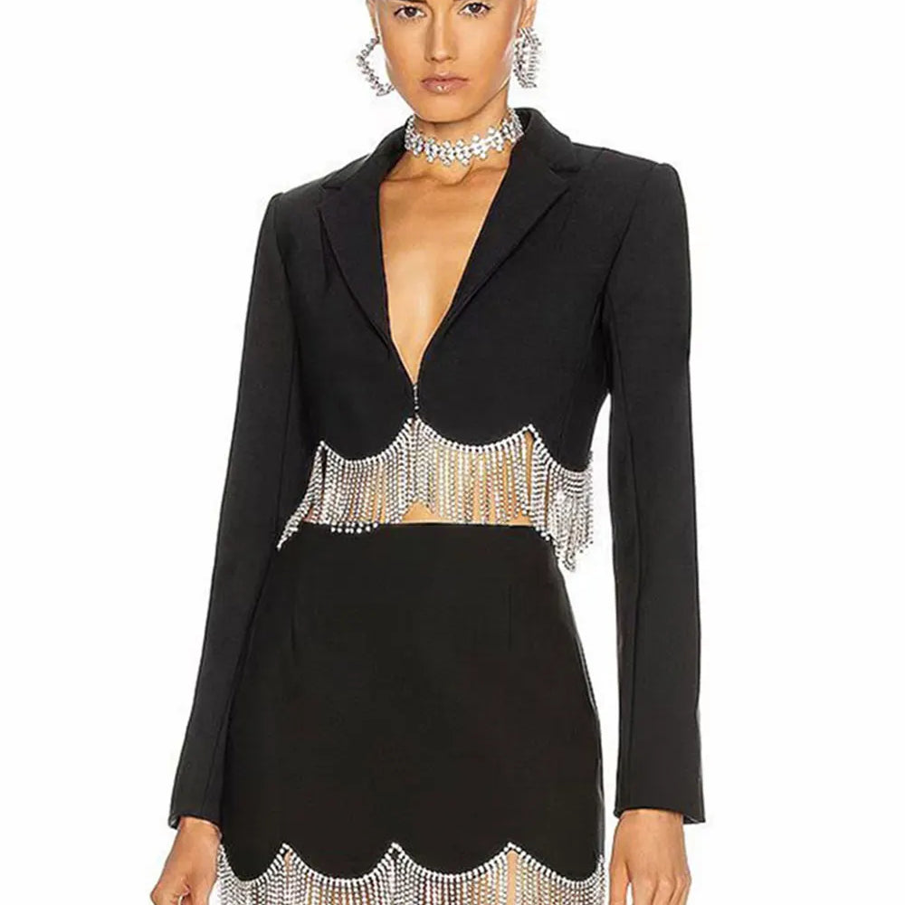 Sexy Women's Light Luxury Diamond Tassel Skirt Set with Flip Collar Long Sleeve Ultra Short Suit Coat+Mini Skirt Two Piece Set