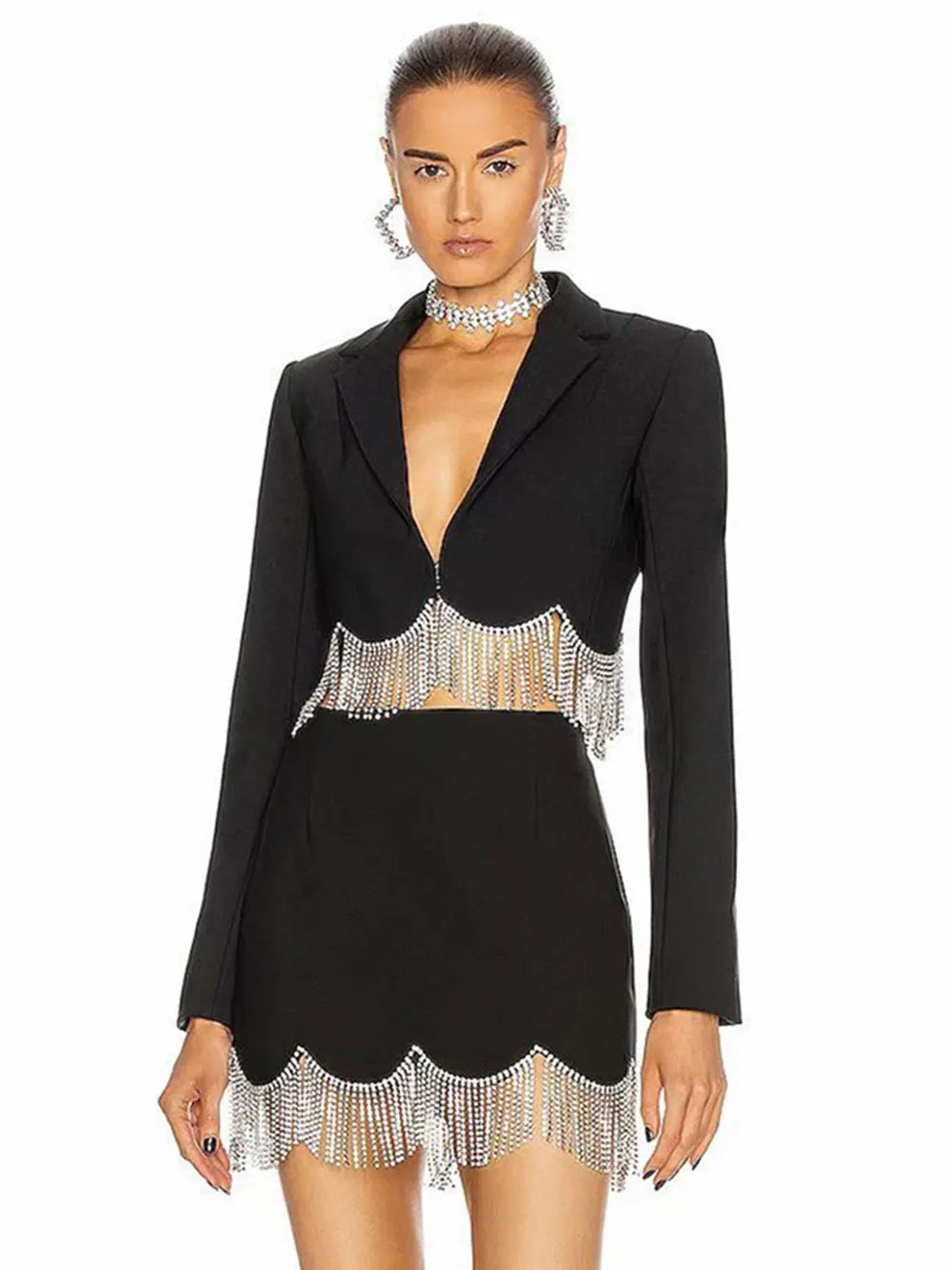 Sexy Women's Light Luxury Diamond Tassel Skirt Set with Flip Collar Long Sleeve Ultra Short Suit Coat+Mini Skirt Two Piece Set