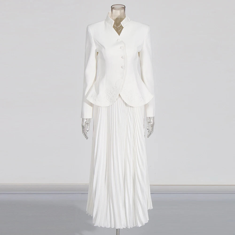 TWOTWINSTYLE Minimalist Two Piece Sets For Women Stand Collar Long Sleeve Blazer High Waist Skirt Elegant Set Female Fashion New