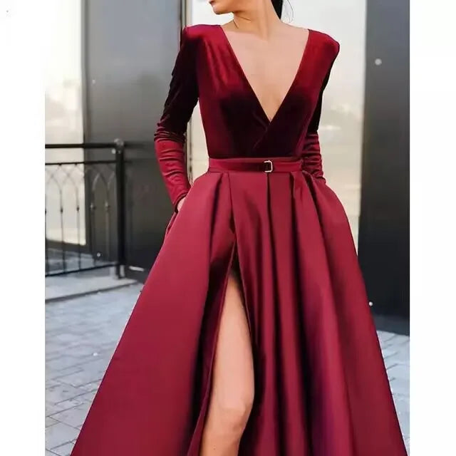 Gorgeous V-Neck Evening Dresses Long Sleeve Satin Side Slit Prom Dress High Waist Evening Gown Party Robe de soiree Burgundy