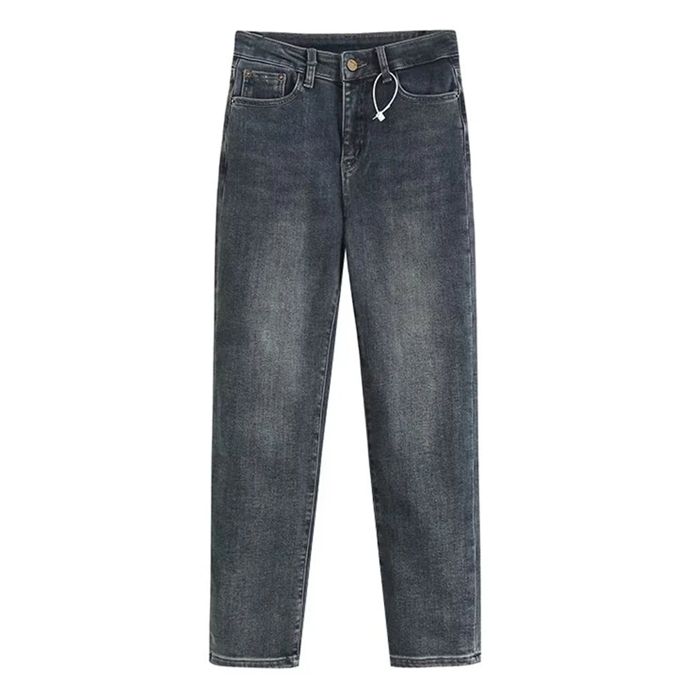 Velvet and Thickened Women's Fashion Two tone Vintage Elastic High Waist Zipper Flocked denim Pants Mujer Jeans 1