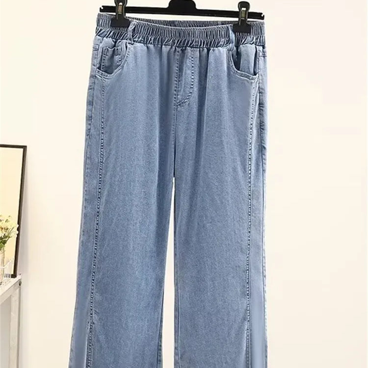 Plus Size Women's Clothing Denim Elasticated Waist Summer Thin Washed Jeans Fatty Wide-Legged Trousers For Obese Ladies Wear