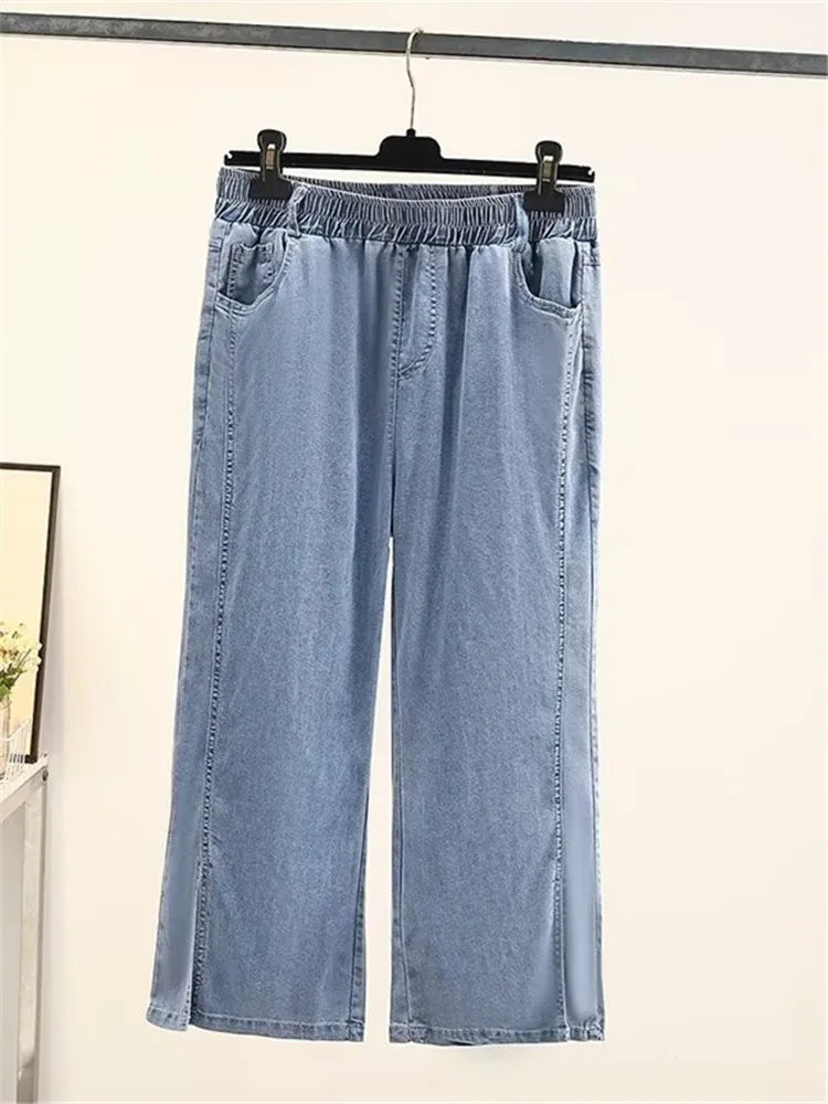 Plus Size Women's Clothing Denim Elasticated Waist Summer Thin Washed Jeans Fatty Wide-Legged Trousers For Obese Ladies Wear