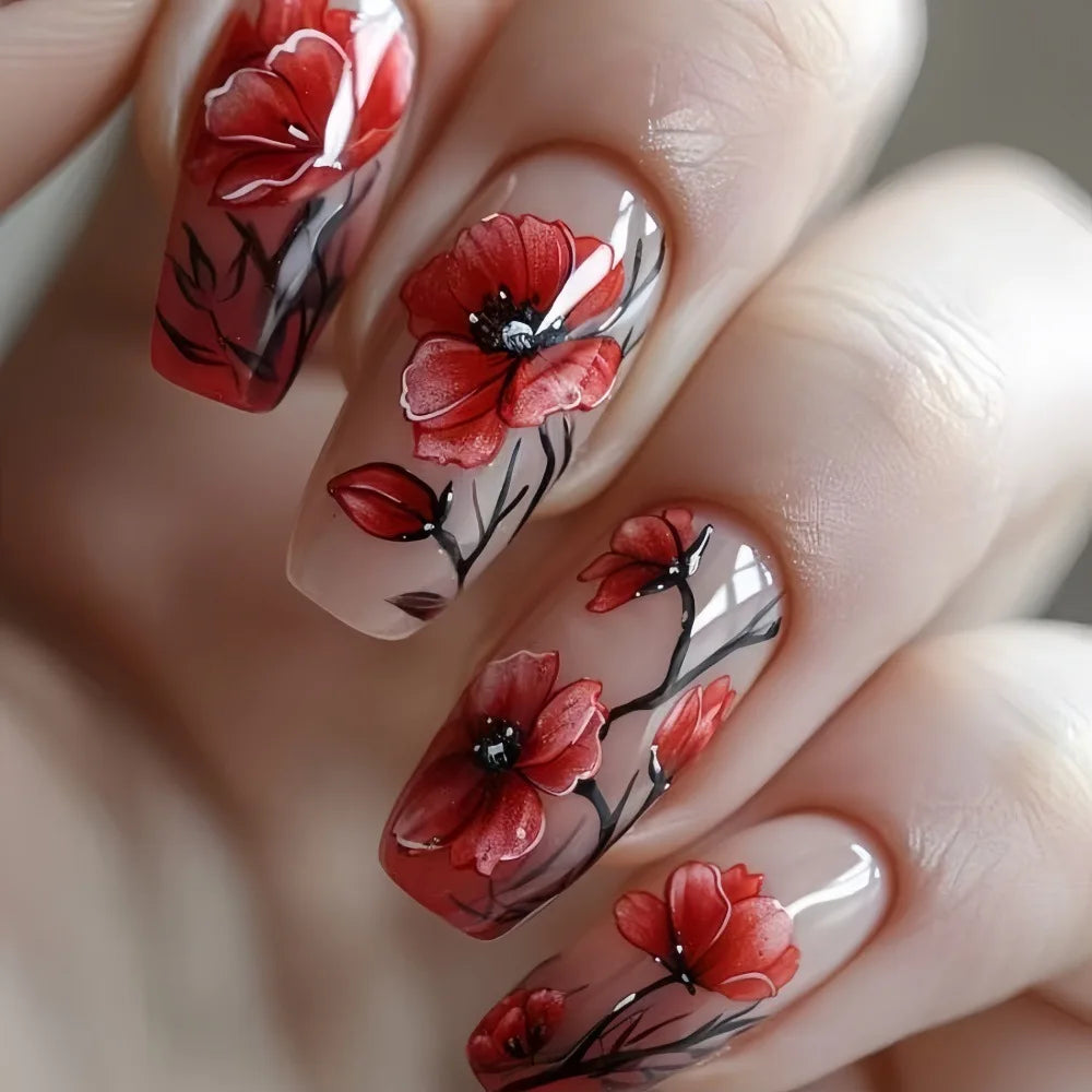 24pcs/set Medium long fake nails Gradient blue ocean fish sun flowers butterfly square ballet summer tips press on false nail