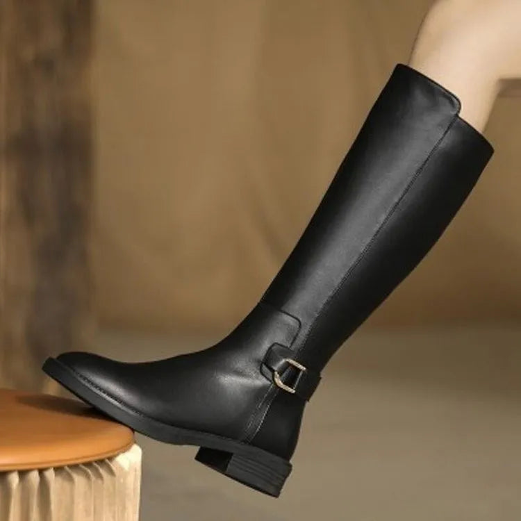 Pu Leather Knee Boots for Women Shoes Buckle Metal Decoration Fashion Outdoor Ladies Footwear Size 34-41 Long Black Botas black