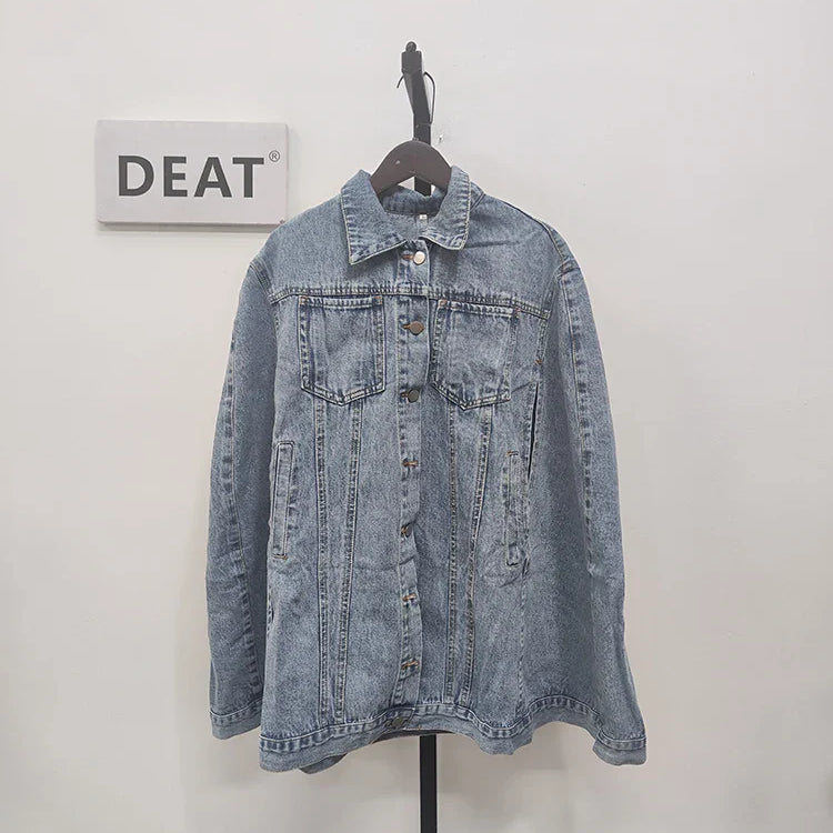 DEAT Women's Denim Coat Sleeveless Hollow Out Single Breasted Patchwork Solid Color Jackets Summer New Fashion 29L2051 Blue