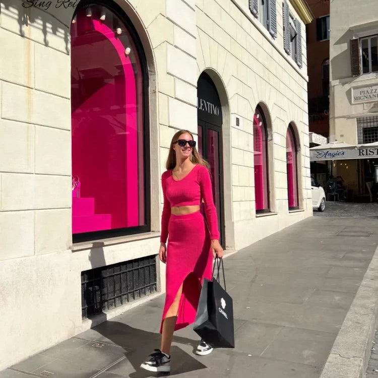 SINGREINY Autumn Sweater Two Pieces Suits Long Sleeves Knit Top+ Elatic Waist Slim Split Long Skirt Sets Women Warm Knitted Suit