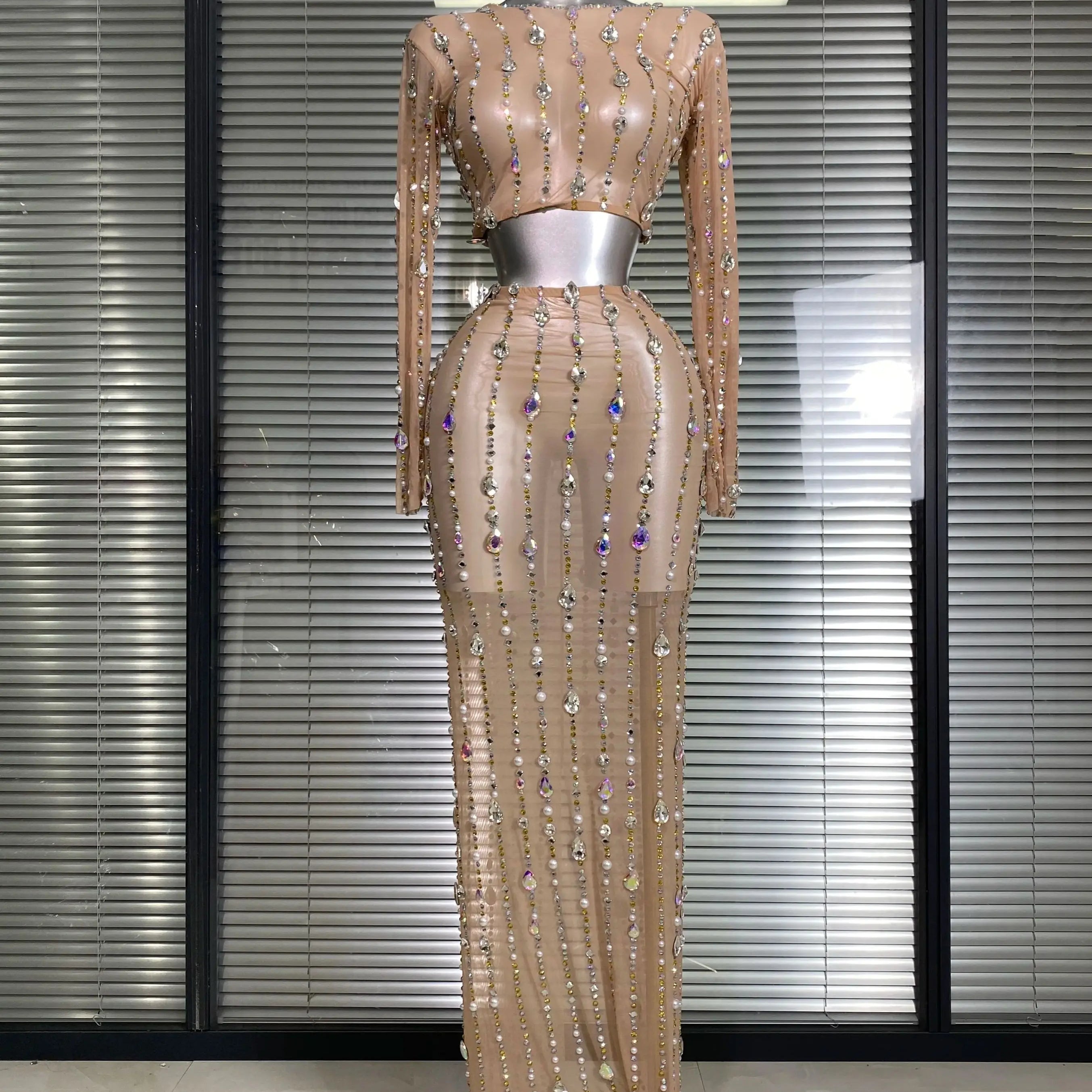 New Sexy Two Pieces Set Women Celebrity Crystal Diamond Night Club Skirt Suits Singer Dancer Tassel Stage Performance Costume
