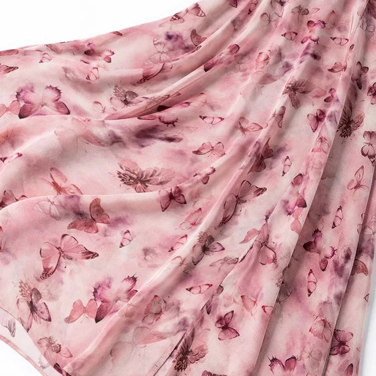 French Artistic Pink Purple Butterfly Printing 1.2-meter Extended Large Skirt Hem 100% Natural Mulberry Silk Women's Dress