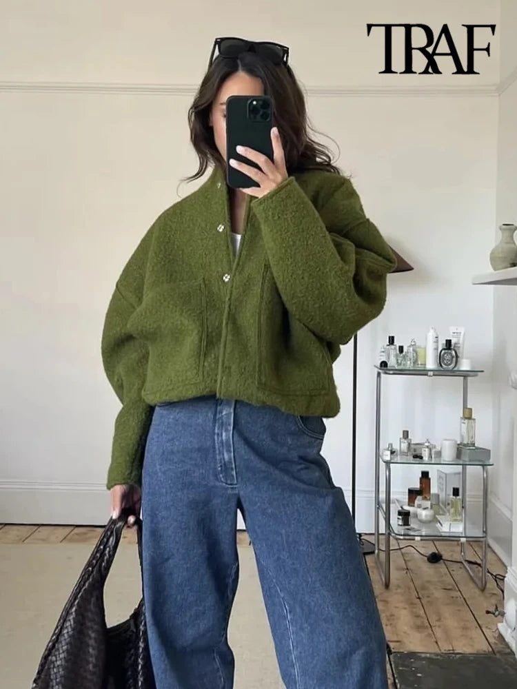 Women Fashion With Pockets Oversized Bomber Jacket Coat Vintage Long Sleeve Snap Button Female Outerwear Chic Tops