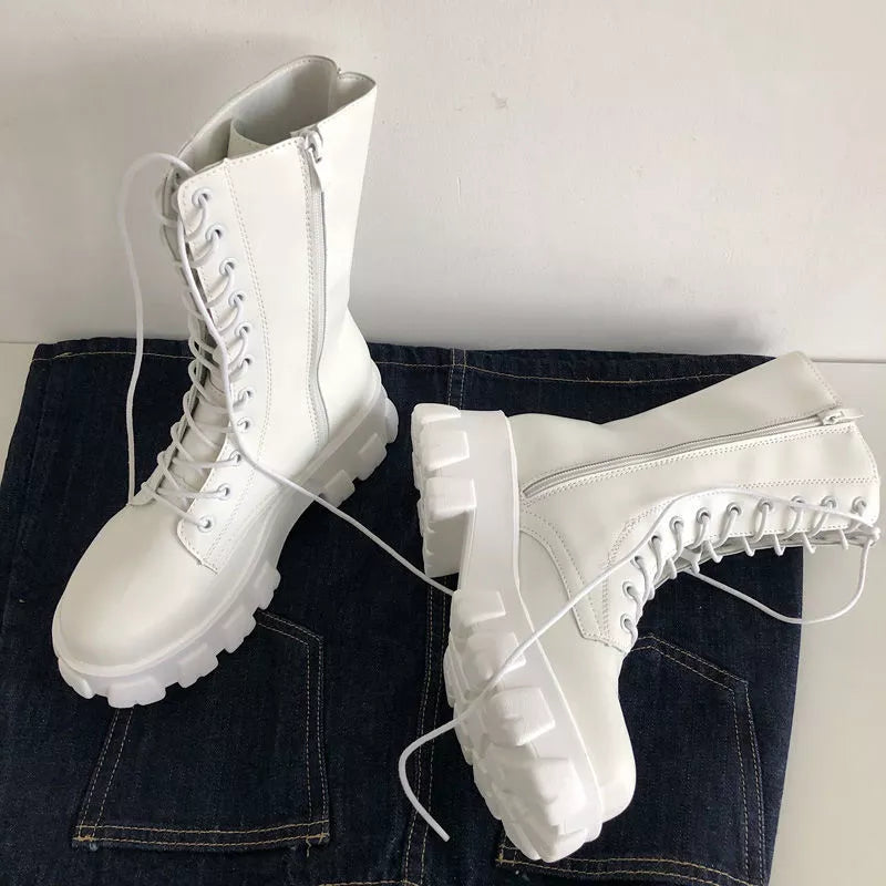 Mid Calf Boots Women Autumn Winter Fashion Lace-up Ladies Chelsea Zipper Botas Mujer Boots Sports Platform Heel Ladies Shoes white