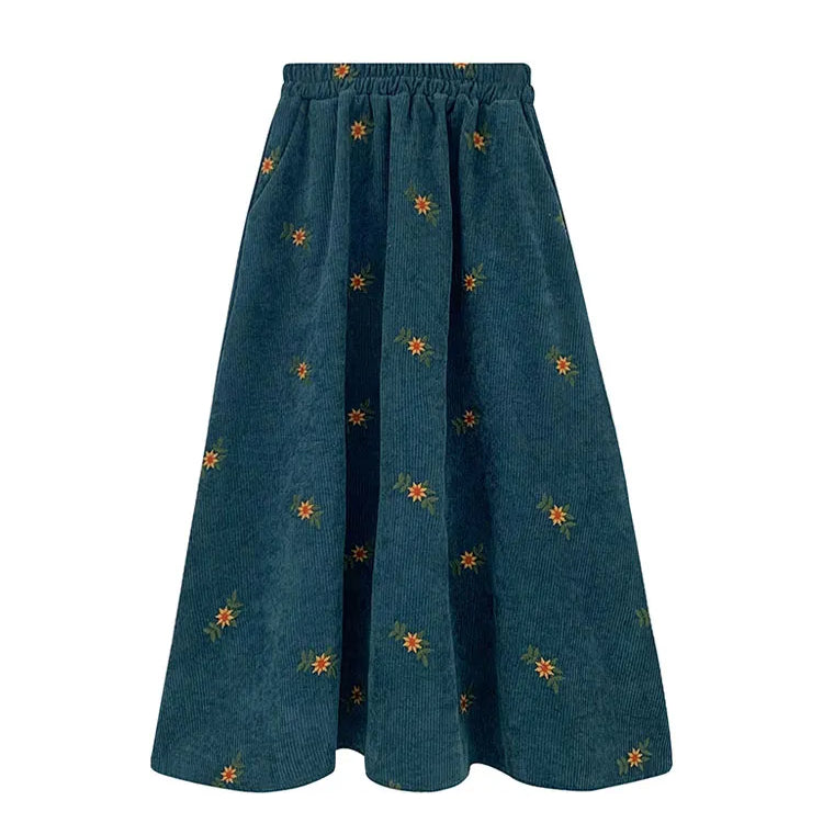 Korean Style High Waist Corduroy Embroidery Long Skirt Women Autumn Winter Loose Floral A-line Skirt Casual Retro Skirt Elegant