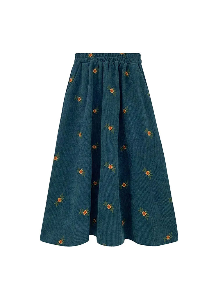Korean Style High Waist Corduroy Embroidery Long Skirt Women Autumn Winter Loose Floral A-line Skirt Casual Retro Skirt Elegant