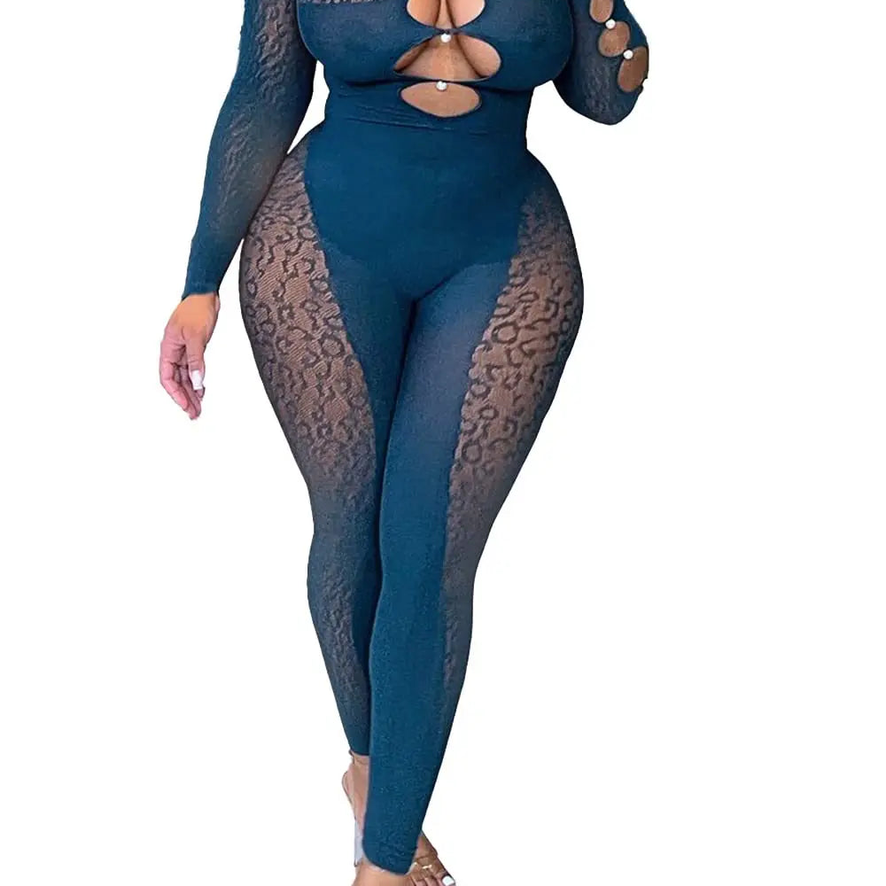 CM.YAYA 2025 Long Sleeve Sexy Leopard Lace See Through Women’s Jumpsuits Summer Slash Neck Night Club Party One Piece Outfits