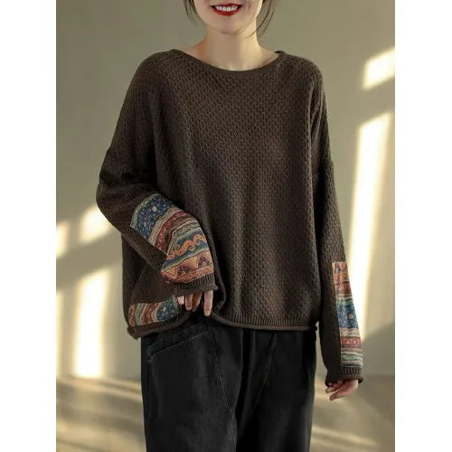 Vintage Print Patchwork Sweater Spring Fall Fashion Women's Loose Casual Long Sleeve Knitting Pullovers Female Elegance Knitwear Coffee One Size