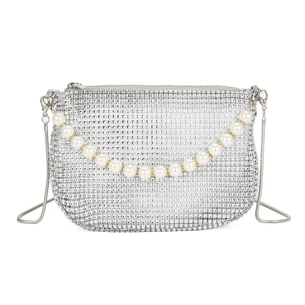 1Pc Elegant Women Rhinestones Evening Clutch Handbags Fashion Shiny Dinner Party Wedding Purses Shoulder Underarm Bag for Women Silver-D