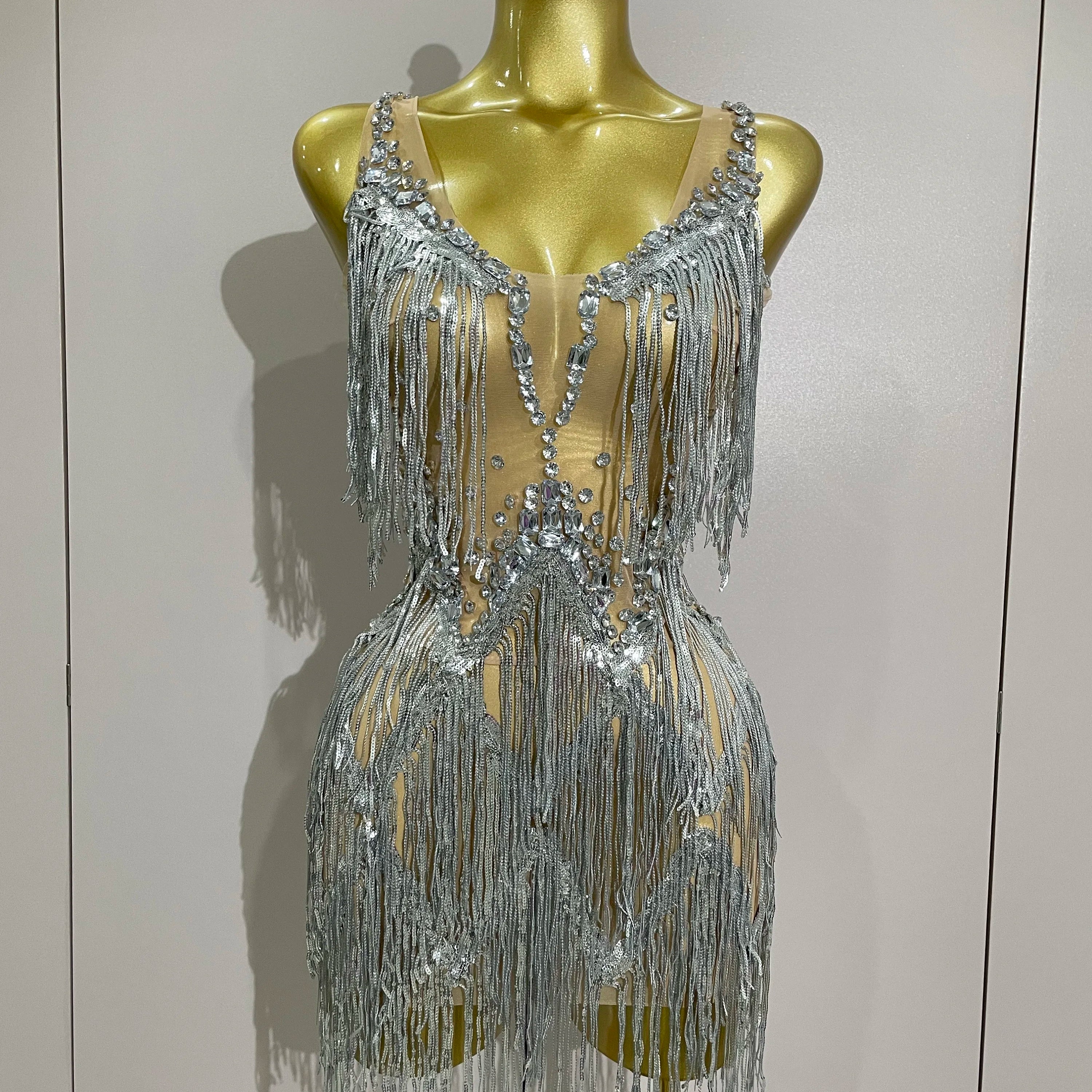Sparkly Rhinestone Tassels Sexy Mesh Mini Dress 2025 Women Evening Birthday Party Dresses Nightclub Performance Stage Costume