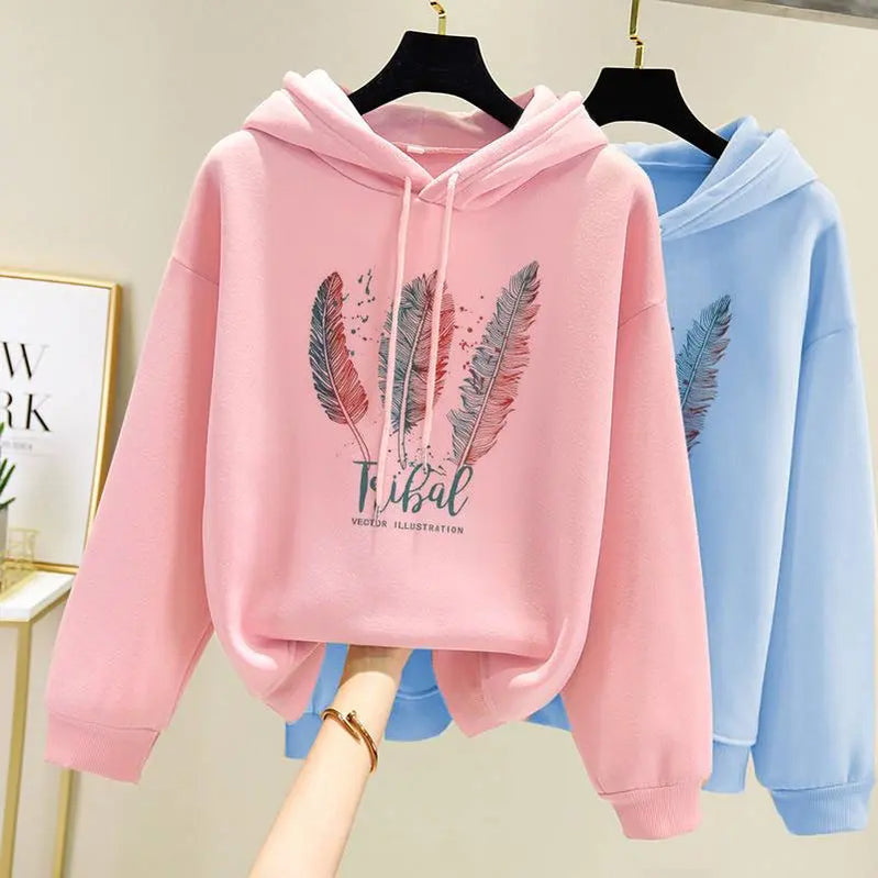 Women Fashion Feather Printed Hoodies Autumn Winter Plus Velvet Casual Loose Sweatshirt PINK