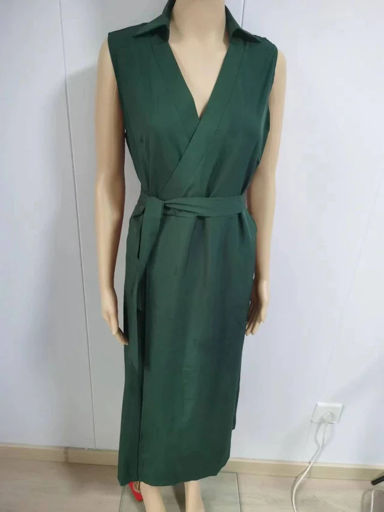 Elegant Chic Shirt Dress Summer New Fashion Sleeveless Sexy Dress V-neck Buttock Dress for Women Office Ladies Party Sundress army green