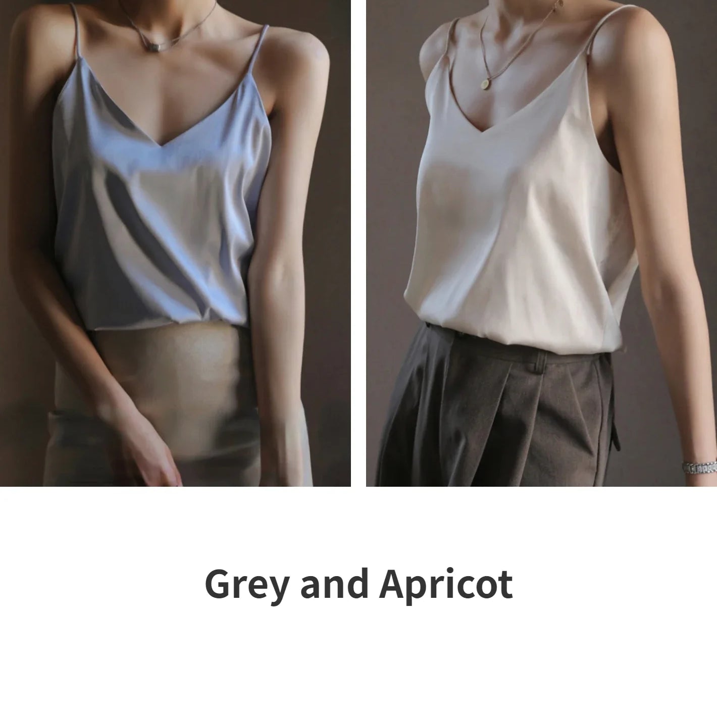 Grey Camisoles for Women Acetate SATIN Loose Summer Spaghetti Strap Tank Top Solid V-neck Fashion Sexy Backless Tanks & Camis Grey and Apricot