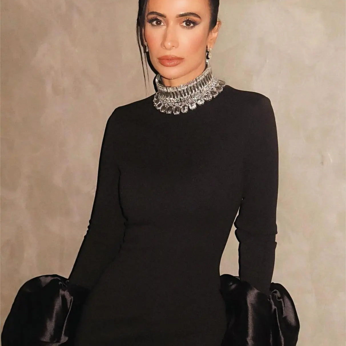 STOCK Shining Diamonds Neck Flare Sleeve Black Long Bandage Dress Elegant Woman Evening Party Dress Cocktail Party Outfit