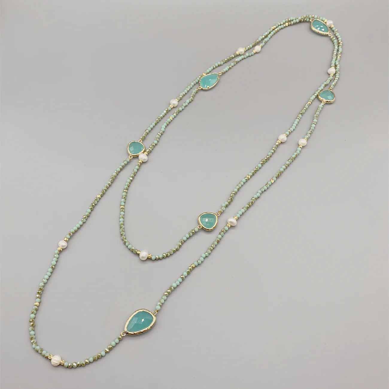 Faceted Cut Irregular Aqua Quartz Long Necklace With 5-6mm White Freshwater Pearls 2mm Crystals And Hammered Gold Beads 50 Inch