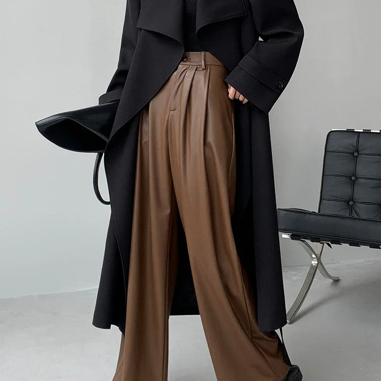 Spring Autumn Loose Casual Flowy Soft Black Brown Pu Leather Wide Leg Pants for Women High Waist Emo Korean Fashion 2023