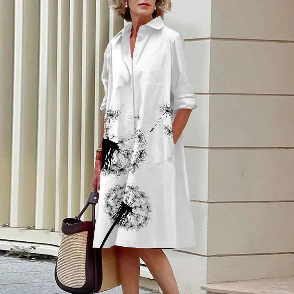 Vestidos de camisa elegantes femininos, moda outono, florais, manga comprida, soltos, linha A, vestidos femininos para escritório, vermelho, verde, lapela