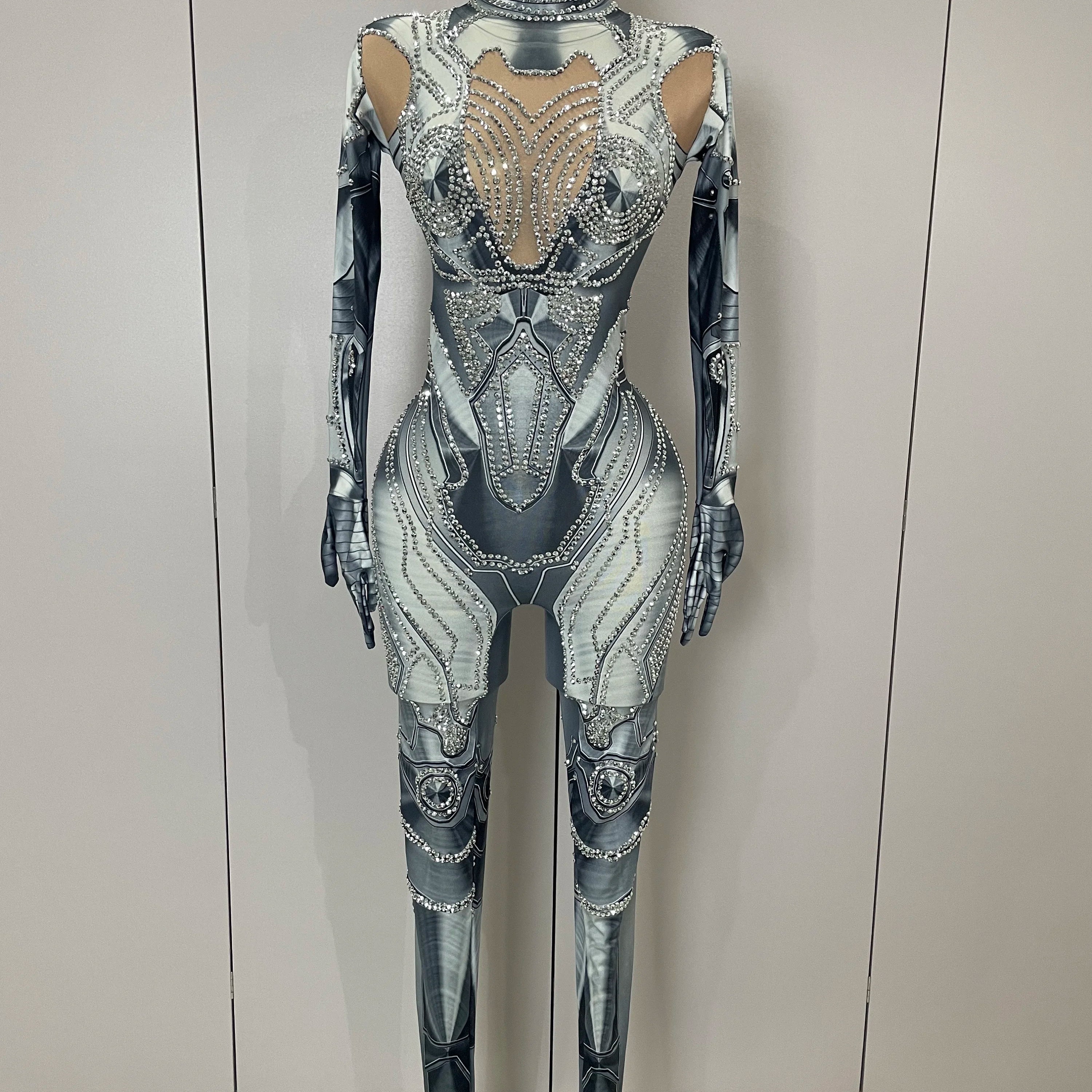 2025 New Trendy Women Sexy Rhinestones Printed Skinny Jumpsuit High Street Performance Dance Costume Bar Club Show Stage Wear