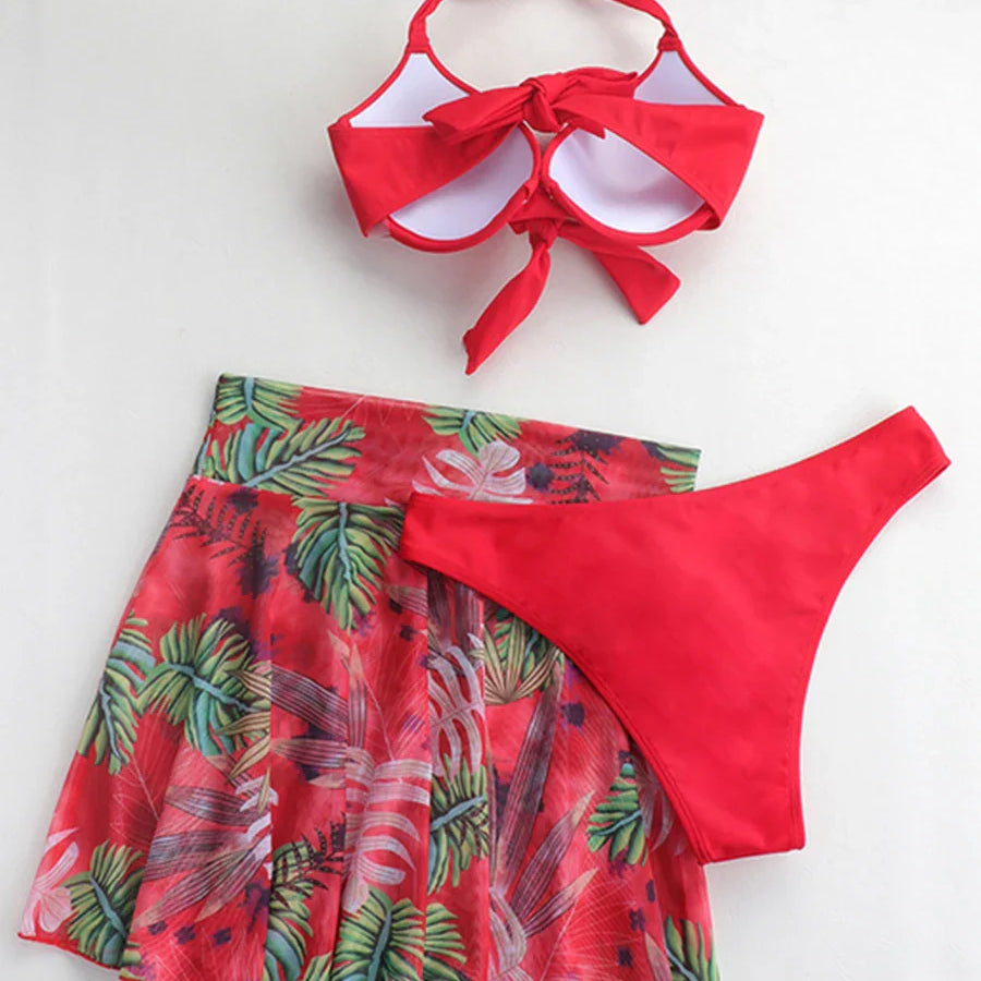 3 Piece Tropical Bikini Halter Push Up Swimsuit & Beach Shirt Swimwear Women Bathers Bathing Swimming Suit Female Beachwear