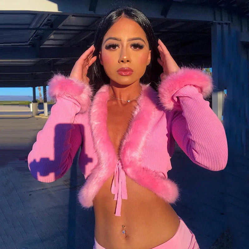 Women's Y2k Cropped Cardigan Sweater Long Sleeve V-Neck Faux Fur Trim Tie-up Crop Top Open Front Knitted Coat Vintage Streetwear