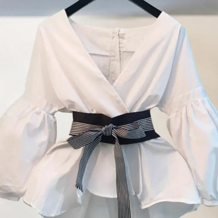 Lantern Sleeve Blouse Shirt Women 2023 Fashion Korean Style Summer Bow V-neck Striped Shirt Elegant Ladies Tops Female Clothing TOP